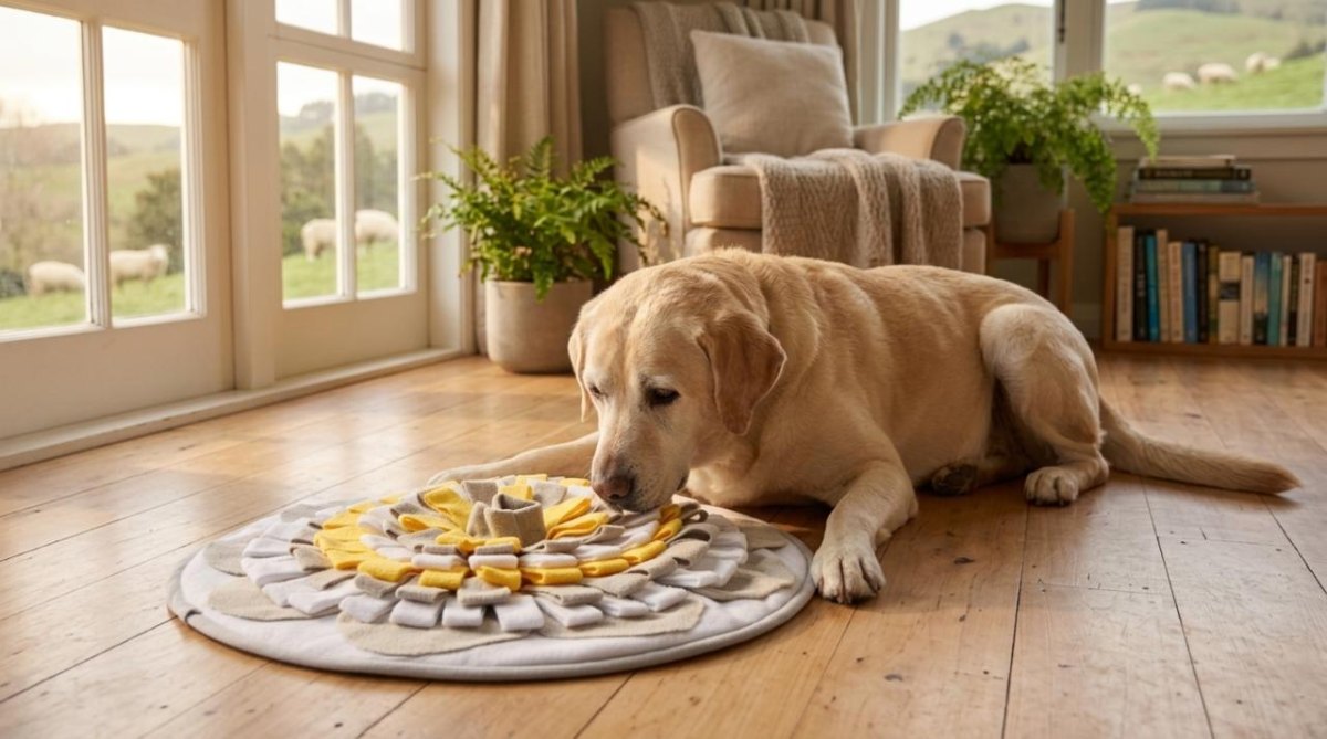 Senior dog sniffing hidden treats indoors
