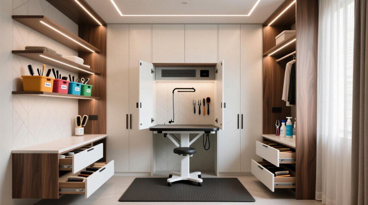 Small grooming room hidden storage cabinets