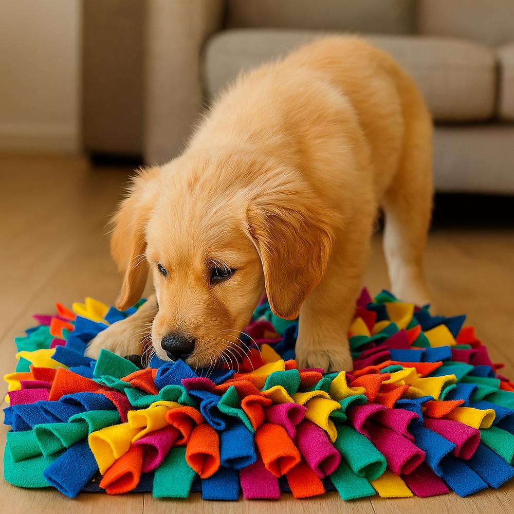 Puppy sniffing food in snuffle mat