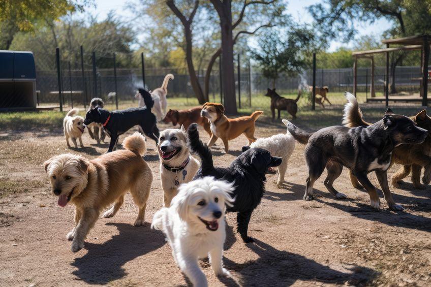 Dogs playing together at summer park