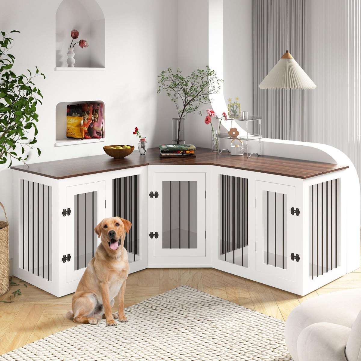 Corner dog crate furniture solution