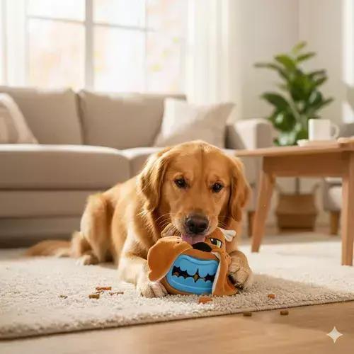 Dog playing with stuffed treat toy