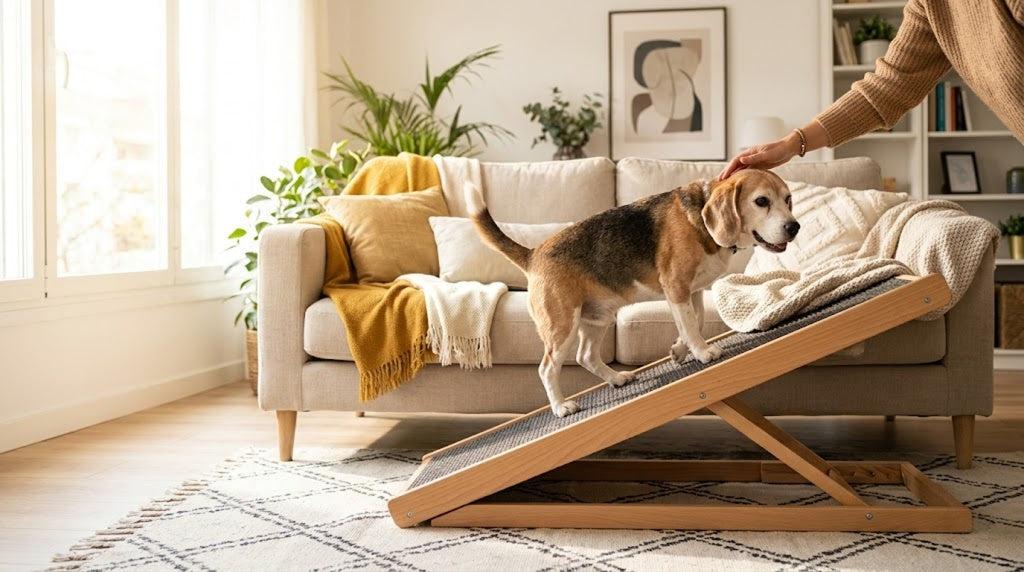 Senior dog using ramp at home