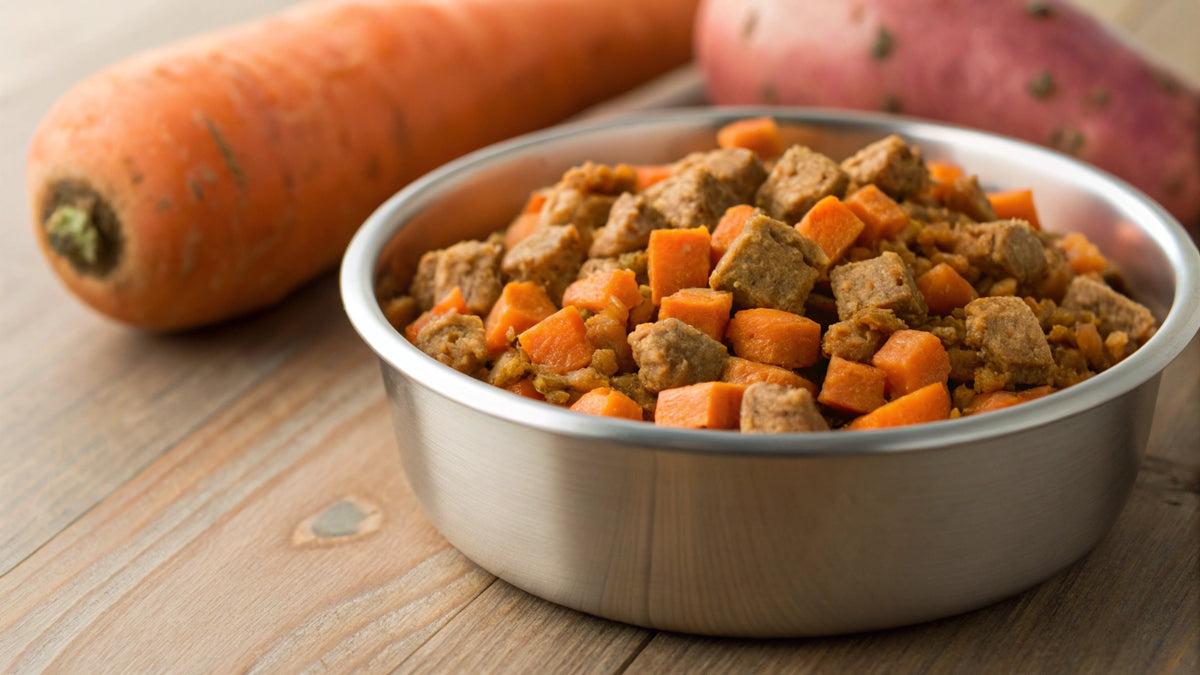 Sweet potato and lean beef dog food with vegetables