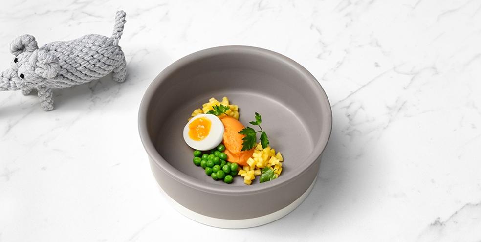 Sweet potato and cooked egg dog food with broccoli