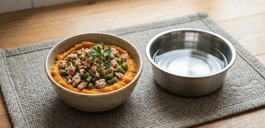 Sweet potato and turkey dog food with peas and carrots
