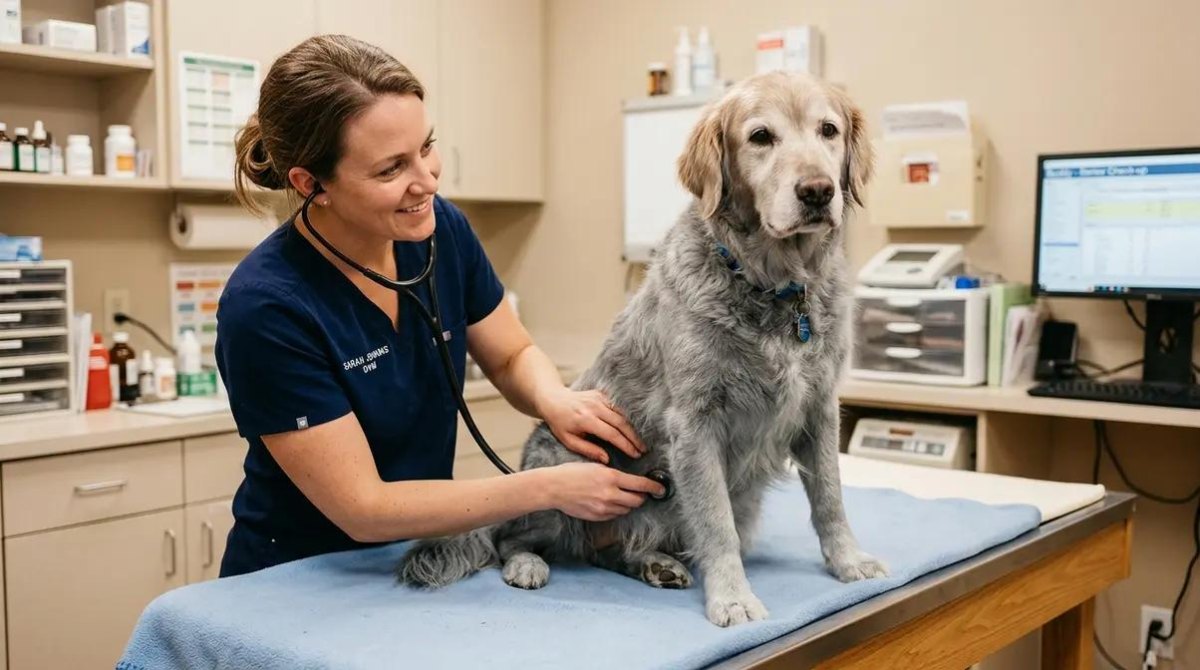 Veterinarian examining older dog in clinic