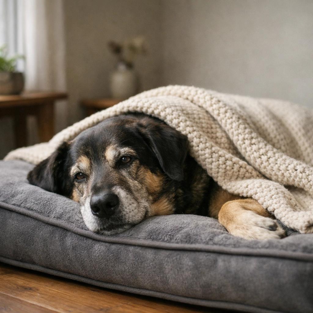 Senior dog resting in warm home space