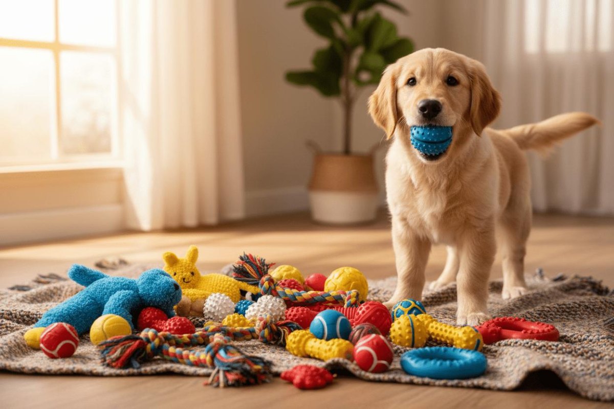 Puppy with different toys