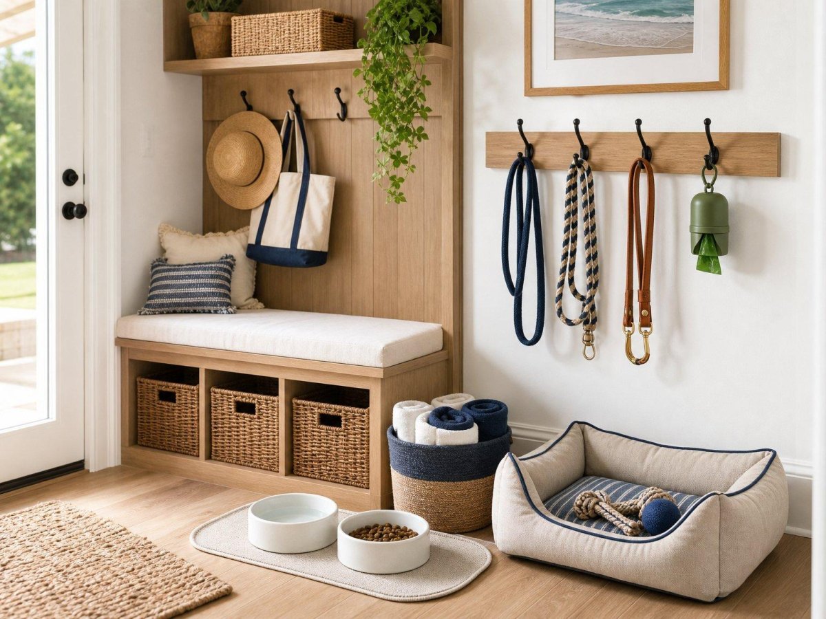 Storage bench holding dog gear baskets