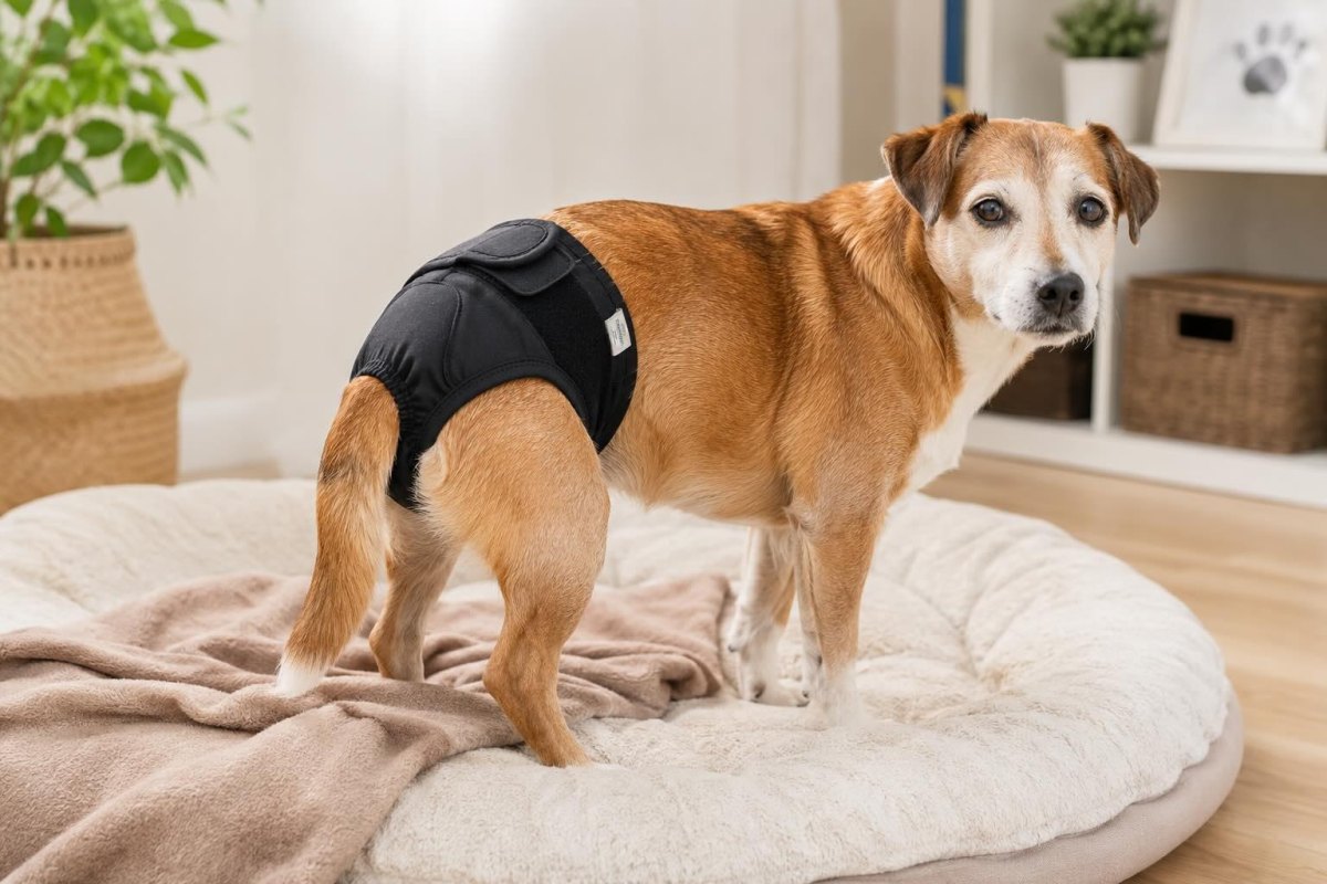 Senior dog wearing comfortable dog diaper