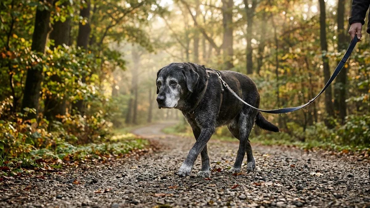 Older dog walking gently on lead