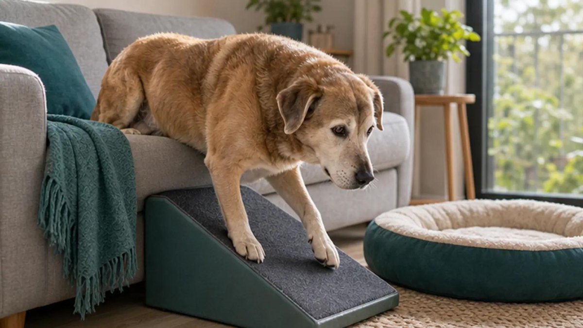Senior dog using ramp at home