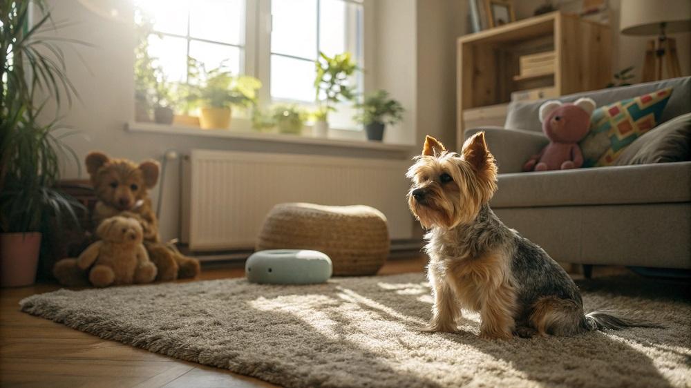Yorkshire Terrier indoors showing a small apartment dog breed lifestyle